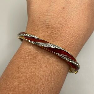 Vintage Gold Tone Rhinestone Red Enamel Bangle Cuff Statement Bracelet